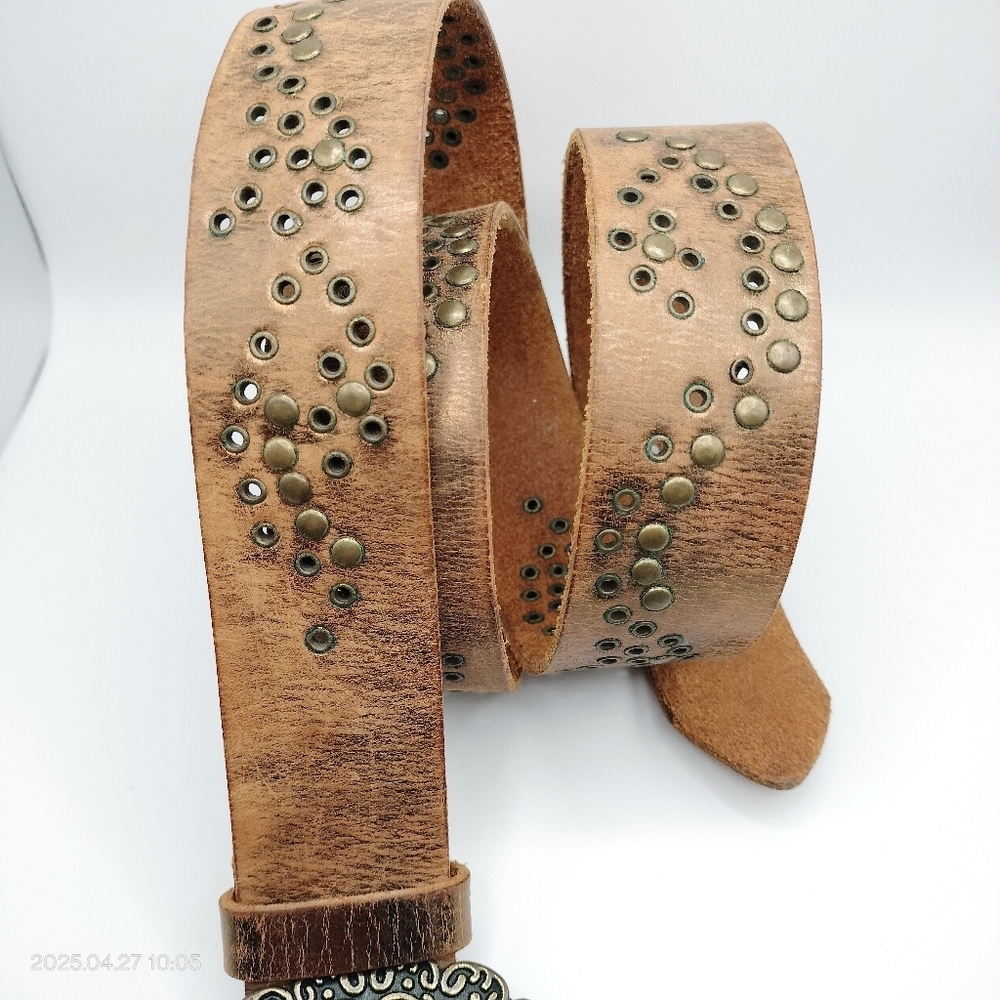 Women's Brown Gold  Brush Tooled Leather Belt with Ornate Buckle Boho Western - Picture 3 of 16
